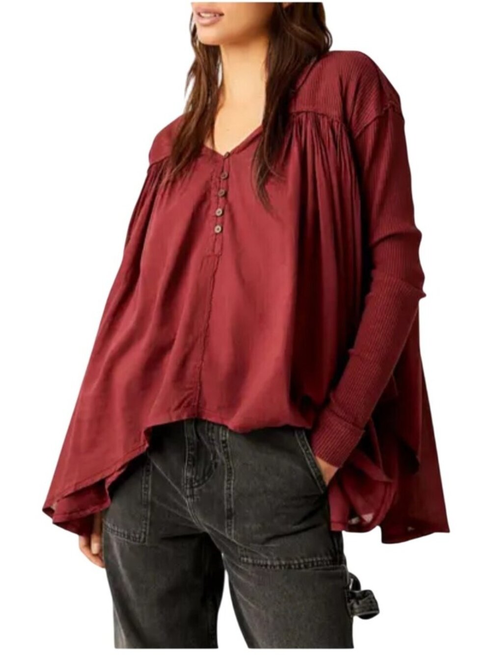 Free People We The Free Lyrical Flowy Tunic Top Ribbed Sleeves Burgundy Small